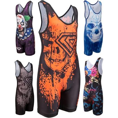 KO Sports Gear Unisex Wrestling Singlet for Adult Wrestlers - Wrestling Singlet for Men & Women - Bold Durable Uniform, Stretchy Breathable Material - Orange Skull, Adult 3X-Large