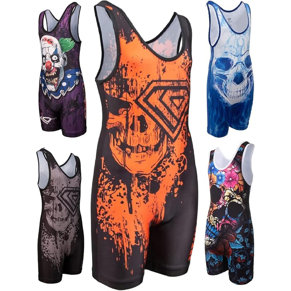 KO Sports Gear Unisex Wrestling Singlet for Adult Wrestlers - Wrestling Singlet for Men & Women - Bold Durable Uniform, Stretchy Breathable Material - Orange Skull, Adult Large