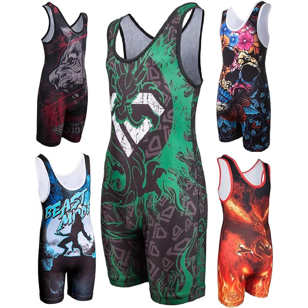 KO Sports Gear Unisex Wrestling Singlet for Adult Wrestlers - Wrestling Singlet for Men & Women - Bold Durable Uniform, Stretchy Breathable Material - Green Dragon, Adult Medium