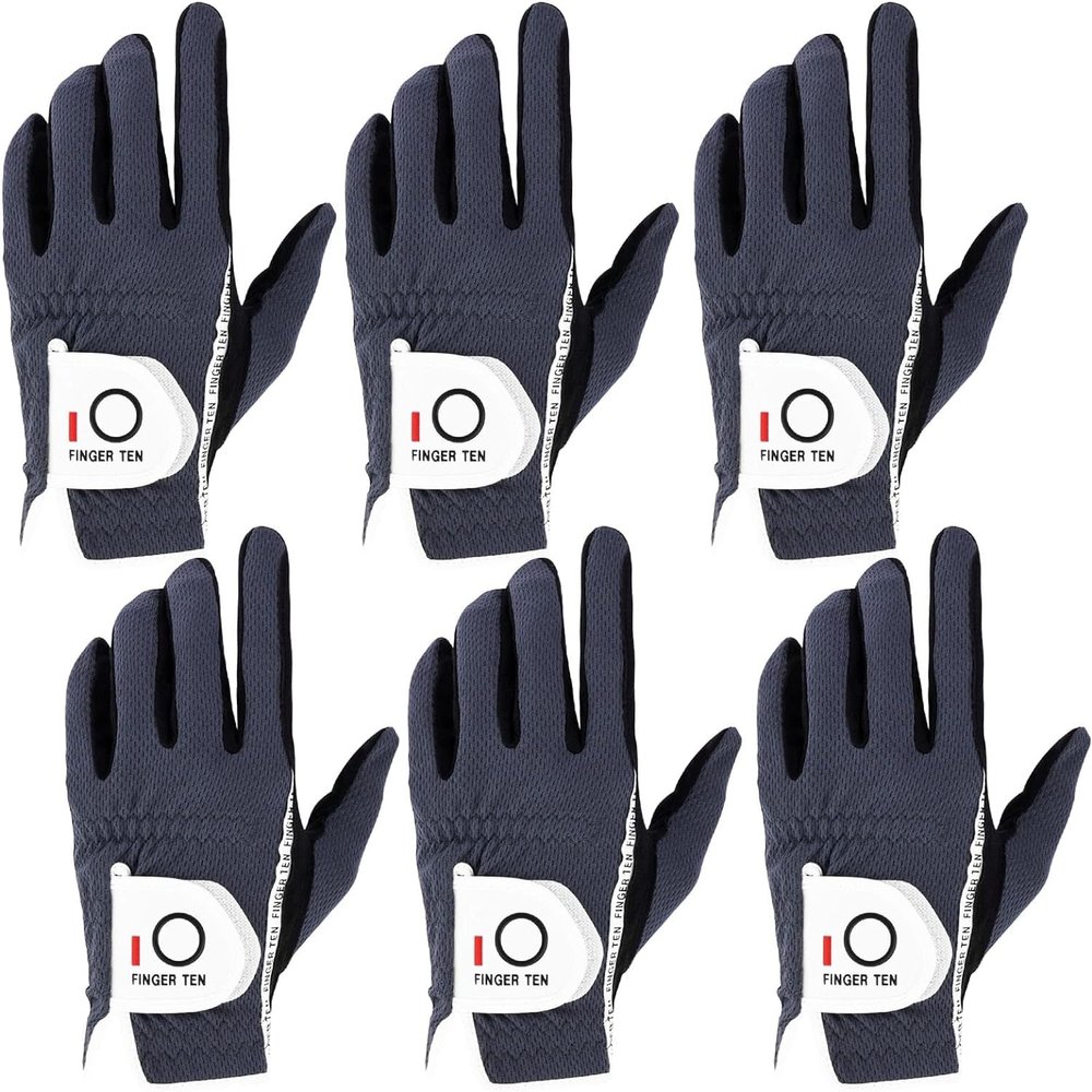 FINGER TEN Golf Gloves Men Right Left Handed Golfer Mens Glove RainGrip Hot Wet Weather Value 6 Pack, All Weather in Grey Large (Grey, Large, Left)