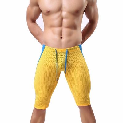 FEESHOW Men's Workout Gym Sports Fitness Running Tights Shorts Pants (Yellow, L)