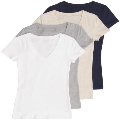 4 Pack Zenana Women's Basic V-Neck T-Shirts Med White, Navy, H Gray, H Beige