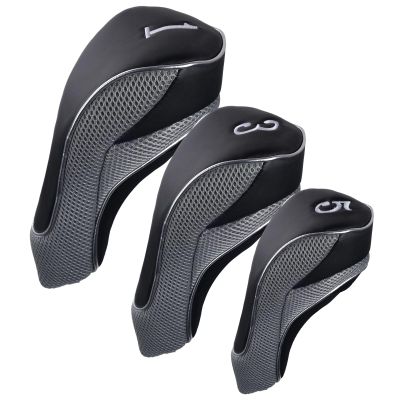 Andux Golf Club Driver Wood Head Covers with Hook & Loop Set of 3 Black/Grey