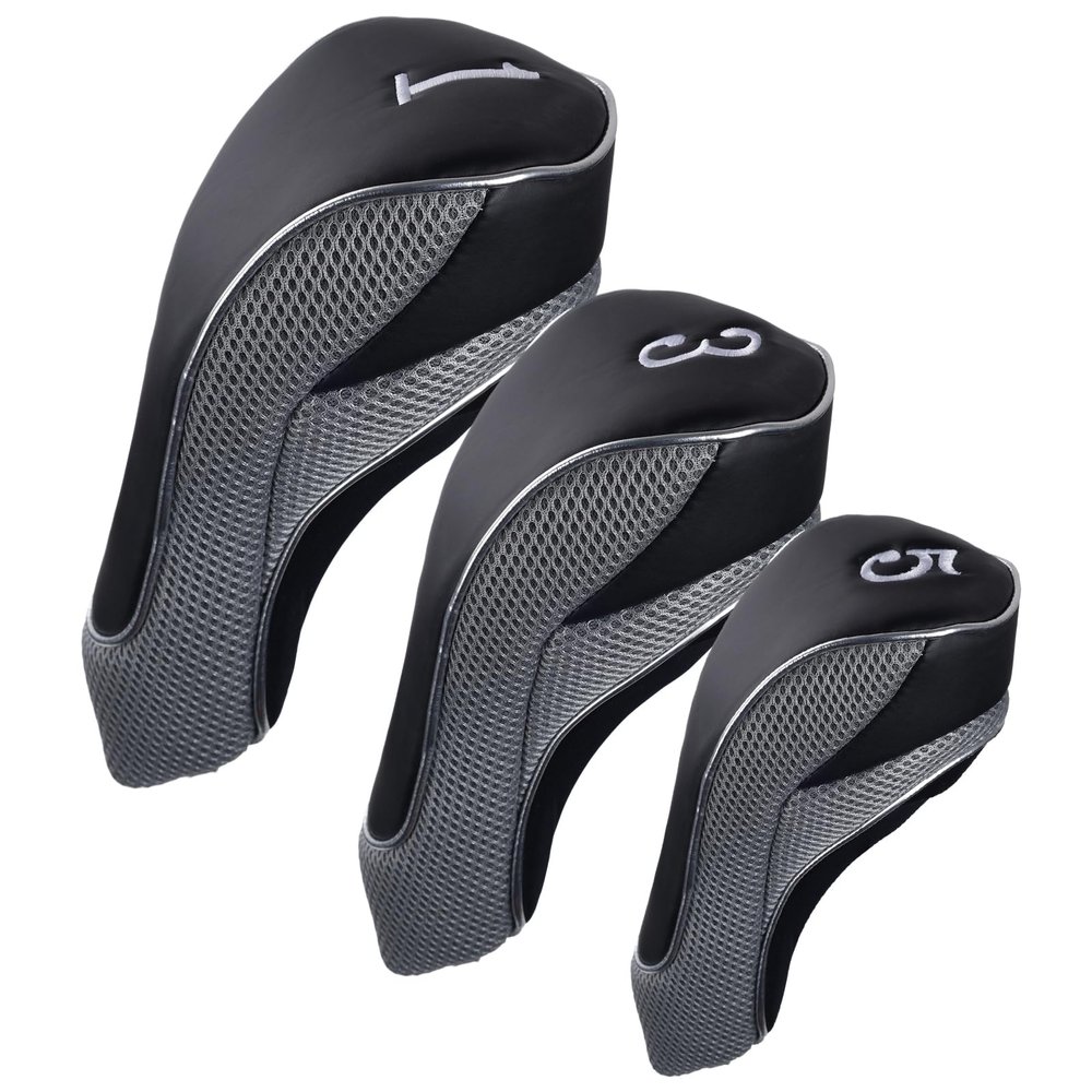 Andux Golf Club Driver Wood Head Covers with Hook & Loop Set of 3 Black/Grey