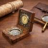 New Nautical Ship Compass with Watch in Square Wooden Box Vintage Brass Maritime Navigation Instrument Collectible Gift for Sailors and Explorers view 2