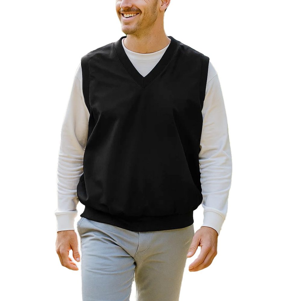 Akwa Mens V-Neck Golf Vest Lightweight Waterproof Pullover Sweater Wind-Resistant Layer Made in USA Performance Outerwear Black