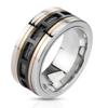 Three Tone Hollow Rectangle Patterns Over Black Wire Stainless Steel Band Ring view 1