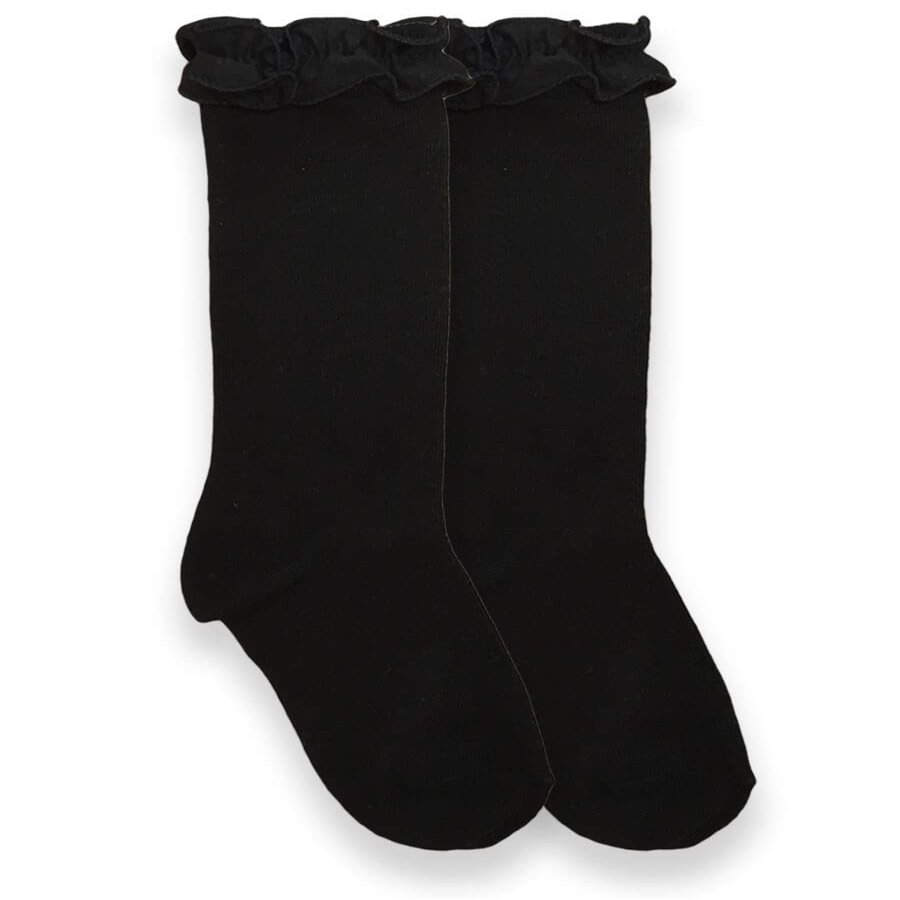Jefferies Socks Little Girls Ruffle Knee High Socks, Black, Large