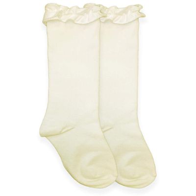 Jefferies Socks Little Girls Ruffle Knee High Socks, Ivory, Small