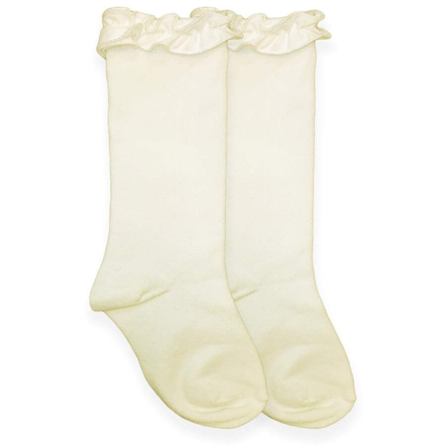Jefferies Socks Little Girls Ruffle Knee High Socks, Ivory, Medium