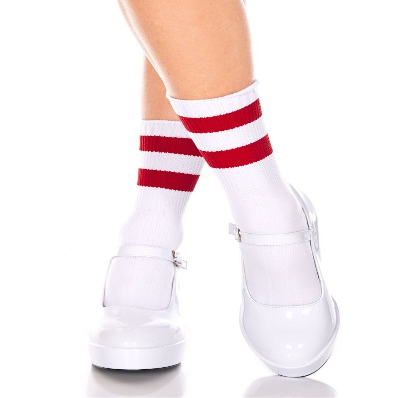 Striped Ankle High Socks - White/Red - O/S