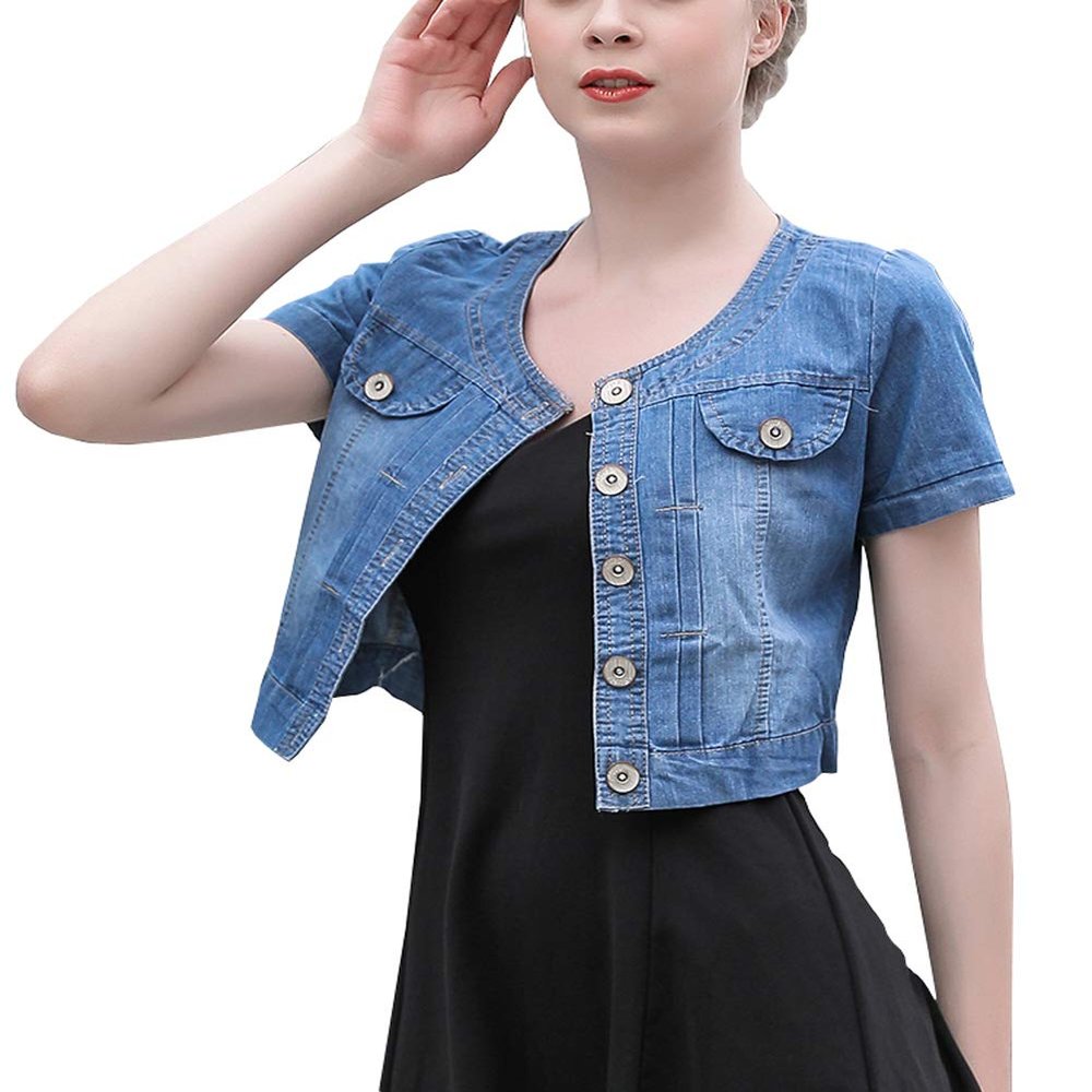 Only Faith Summer Womens Crew-neck Denim Jacket Short Sleeve Jean Coat Tops (XL, Dark blue)