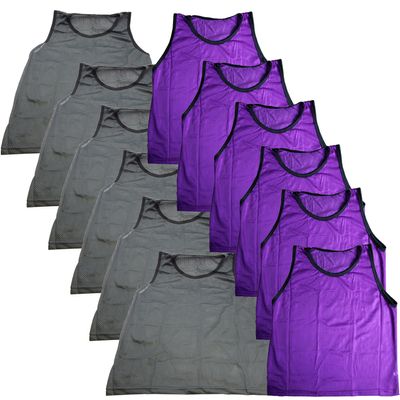 BlueDot Trading Youth Sports Scrimmage Pinnies Training Vest for team practice for soccer, football, basketball, Lacrosse, and more, Combo Purple/Grey, 12 Pack