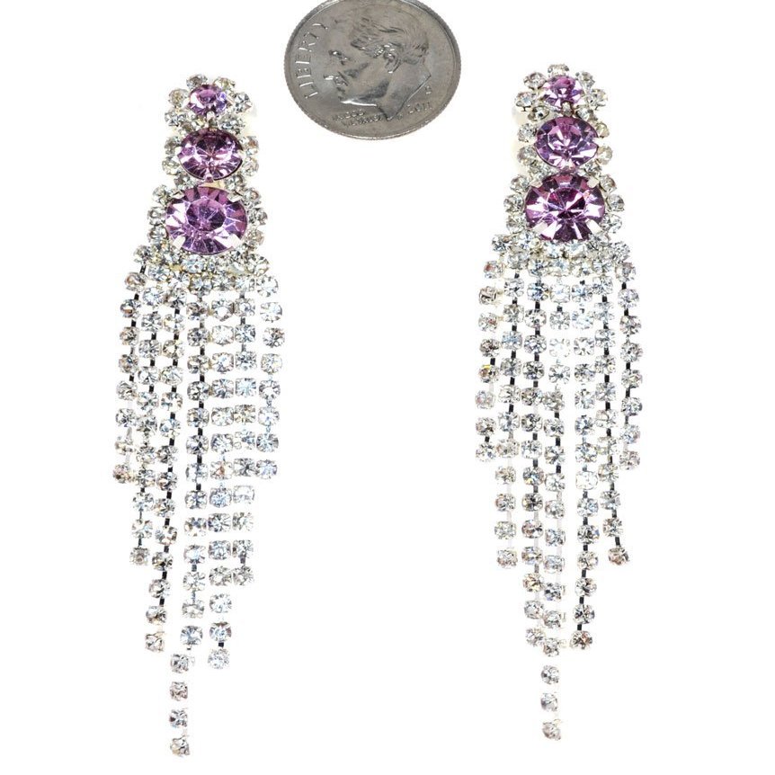 Glamour Seven Line Chandelier Dangle Duster Simulated Rhinestone-"CLIP ON" Earrings - Purple