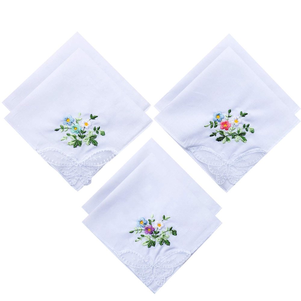 6 Pack of Ladies Embroidery Cotton Handkerchiefs Lace Border White Hankies