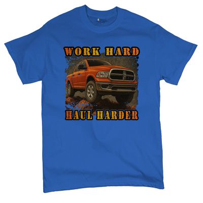 Tee Hunt Work Hard Haul Harder Men's Graphic Short Sleeve T-Shirt - American Pickup Truck Offroad 4x4 USA Design Small Blue