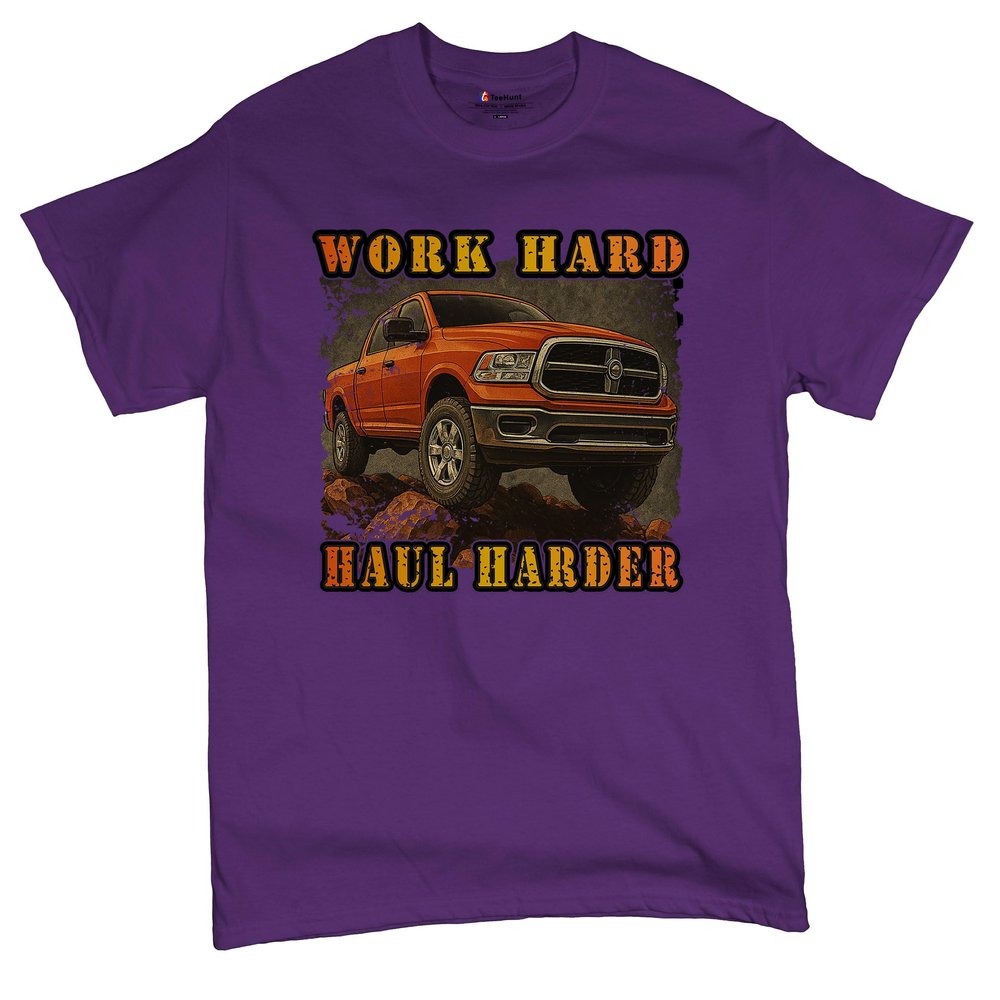 Work Hard Haul Harder Men's Graphic Short Sleeve T-Shirt - American Pickup Truck Offroad 4x4 USA Design Small Purple