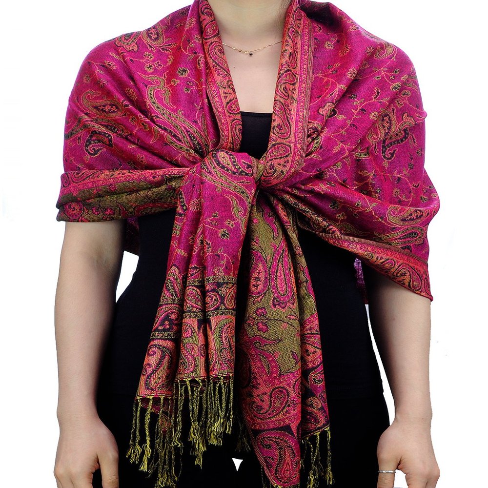 NYFASHION101 Large Soft Double Layer Jacquard Paisley Print Scarf Shawl Wrap - Fuchsia