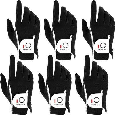 FINGER TEN Golf Gloves Men Right Left Handed Golfer Mens Glove RainGrip Hot Wet Weather Value 6 Pack, All Weather in Black Large (Black, Large, Right)