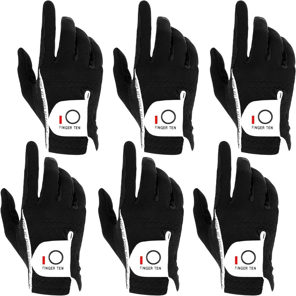 FINGER TEN Golf Gloves Men Right Left Handed Golfer Mens Glove RainGrip Hot Wet Weather Value 6 Pack, All Weather in Black Large (Black, Large, Right)