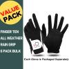 FINGER TEN Golf Gloves Men Right Left Handed Golfer Mens Glove RainGrip Hot Wet Weather Value 6 Pack, All Weather in Black Large (Black, Large, Right) view 2