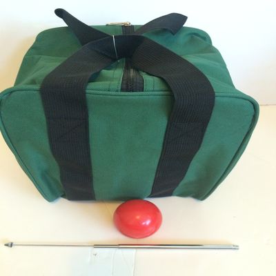 BuyBocceBalls Unique Bocce Accessories Package - Heavy Duty Nylon Bocce Bag (Green with Black Handles), Official Tournament-Grade red 60mm Pallino, Extendable Measuring Device