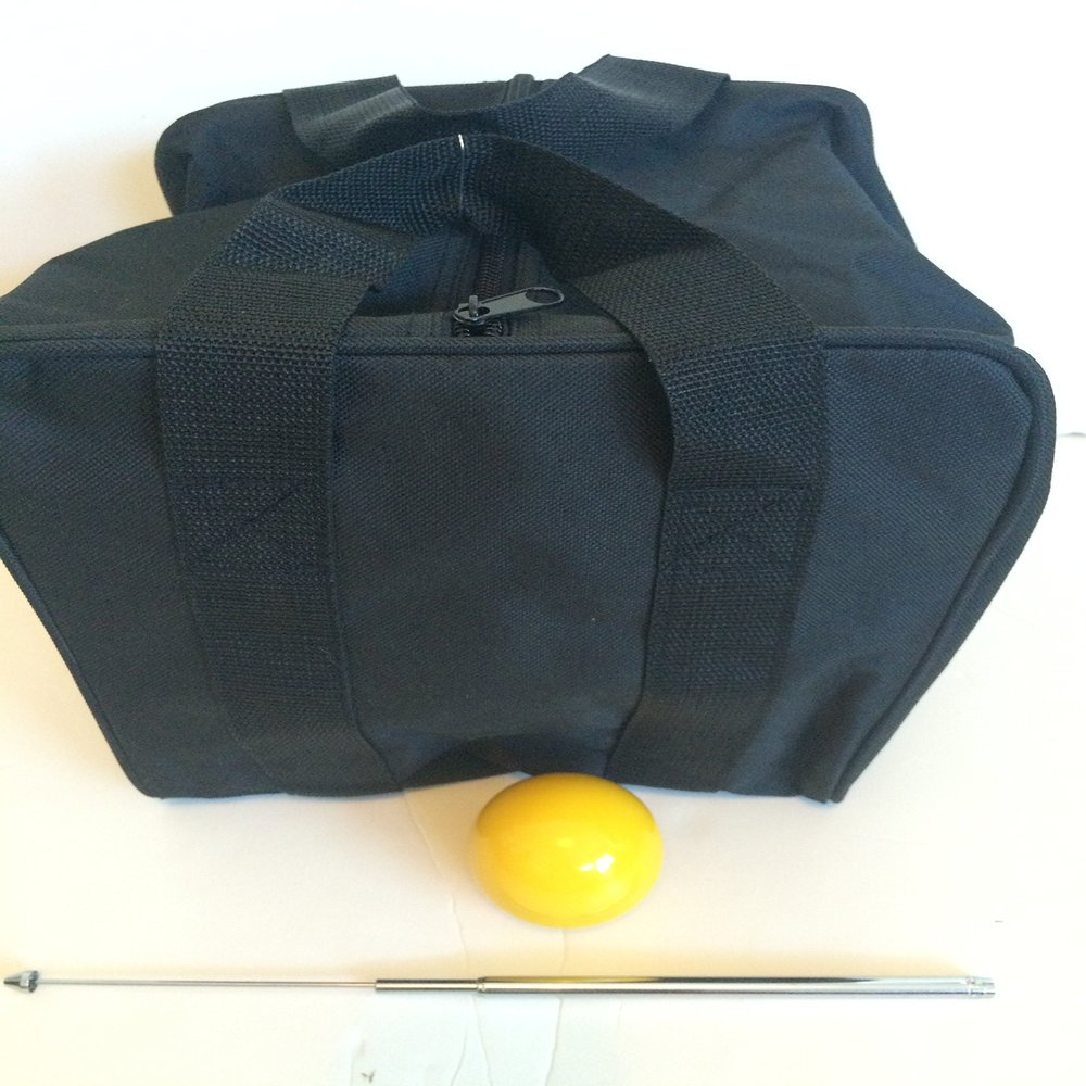 BuyBocceBalls Unique Bocce Accessories Package - Heavy Duty Nylon Bocce Bag (Black with Black Handles), Official Tournament-Grade Yellow 60mm Pallino, Extendable Measuring Device