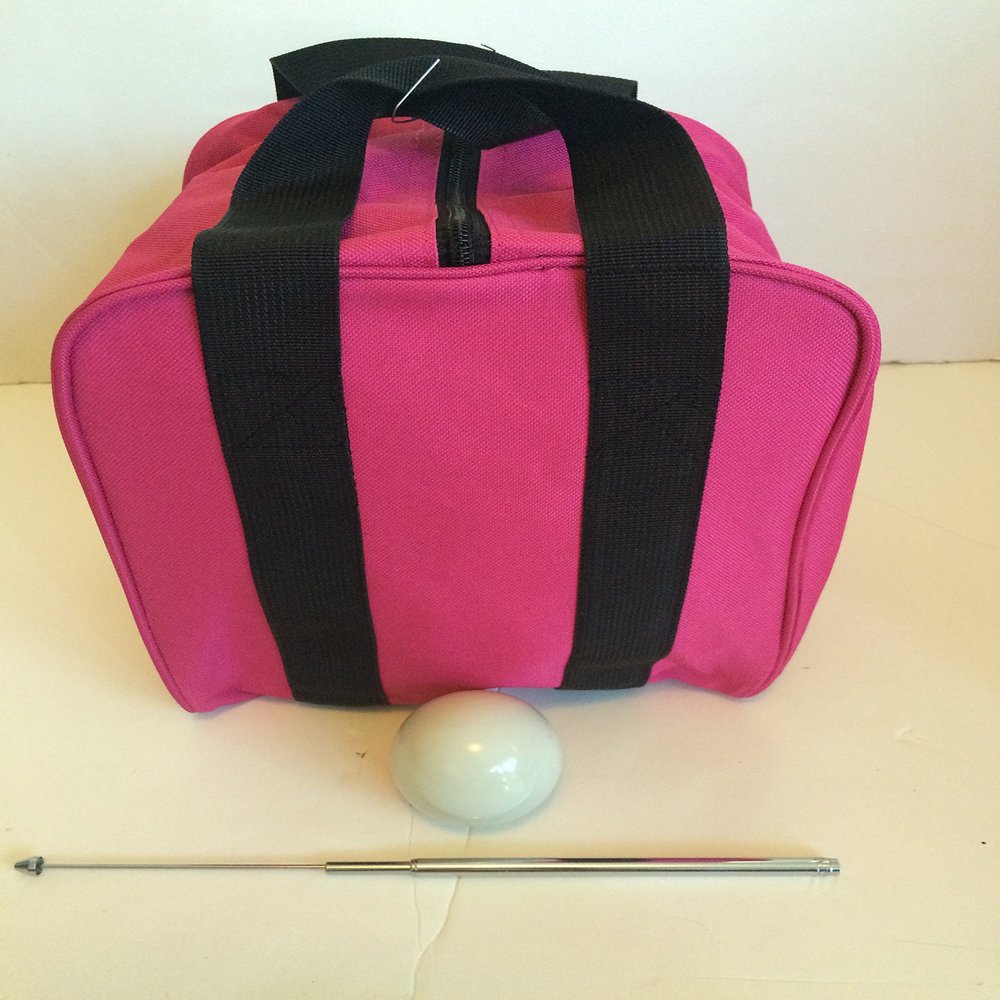 BuyBocceBalls Unique Bocce Accessories Package - Heavy Duty Nylon Bocce Bag (Pink with Black Handles), Official Tournament-Grade White 60mm Pallino, Extendable Measuring Device