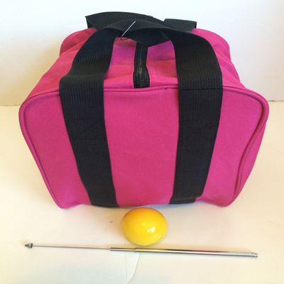 BuyBocceBalls Unique Bocce Accessories Package - Heavy Duty Nylon Bocce Bag (Pink with Black Handles), Official Tournament-Grade Yellow 60mm Pallino, Extendable Measuring Device