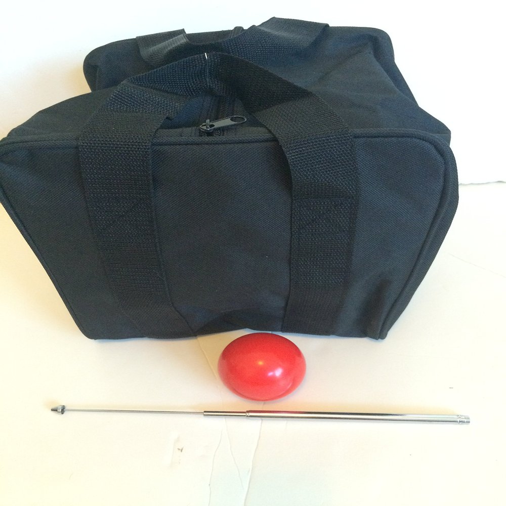 BuyBocceBalls Unique Bocce Accessories Package - Heavy Duty Nylon Bocce Bag (Black with Black Handles), Official Tournament-Grade 60mm red Pallino, Extendable Measuring Device