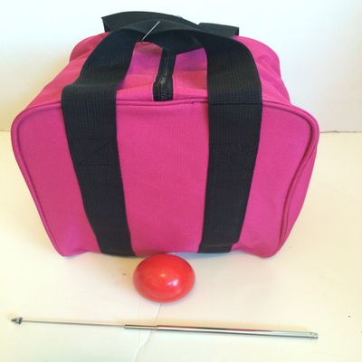 BuyBocceBalls Unique Bocce Accessories Package - Heavy Duty Nylon Bocce Bag (Pink with Black Handles), Official Tournament-Grade red 60mm Pallino, Extendable Measuring Device