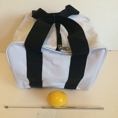 BuyBocceBalls Unique Bocce Accessories Package - Heavy Duty Nylon Bocce Bag (White with Black Handles), Official Tournament-Grade Yellow 60mm Pallino, Extendable Measuring Device