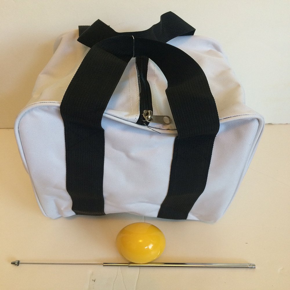 BuyBocceBalls Unique Bocce Accessories Package - Heavy Duty Nylon Bocce Bag (White with Black Handles), Official Tournament-Grade Yellow 60mm Pallino, Extendable Measuring Device