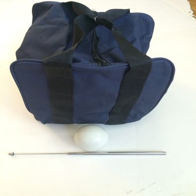 BuyBocceBalls Unique Bocce Accessories Package - Heavy Duty Nylon Bocce Bag (Blue with Black Handles), Official Tournament-Grade 60mm White Pallino, Extendable Measuring Device
