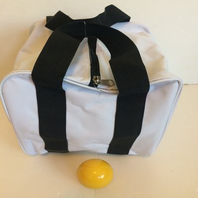 BuyBocceBalls Unique Bocce Accessories Package - Heavy Duty Nylon Bocce Bag (White with Black Handles) and Official Tournament-Grade Yellow 60mm Pallino