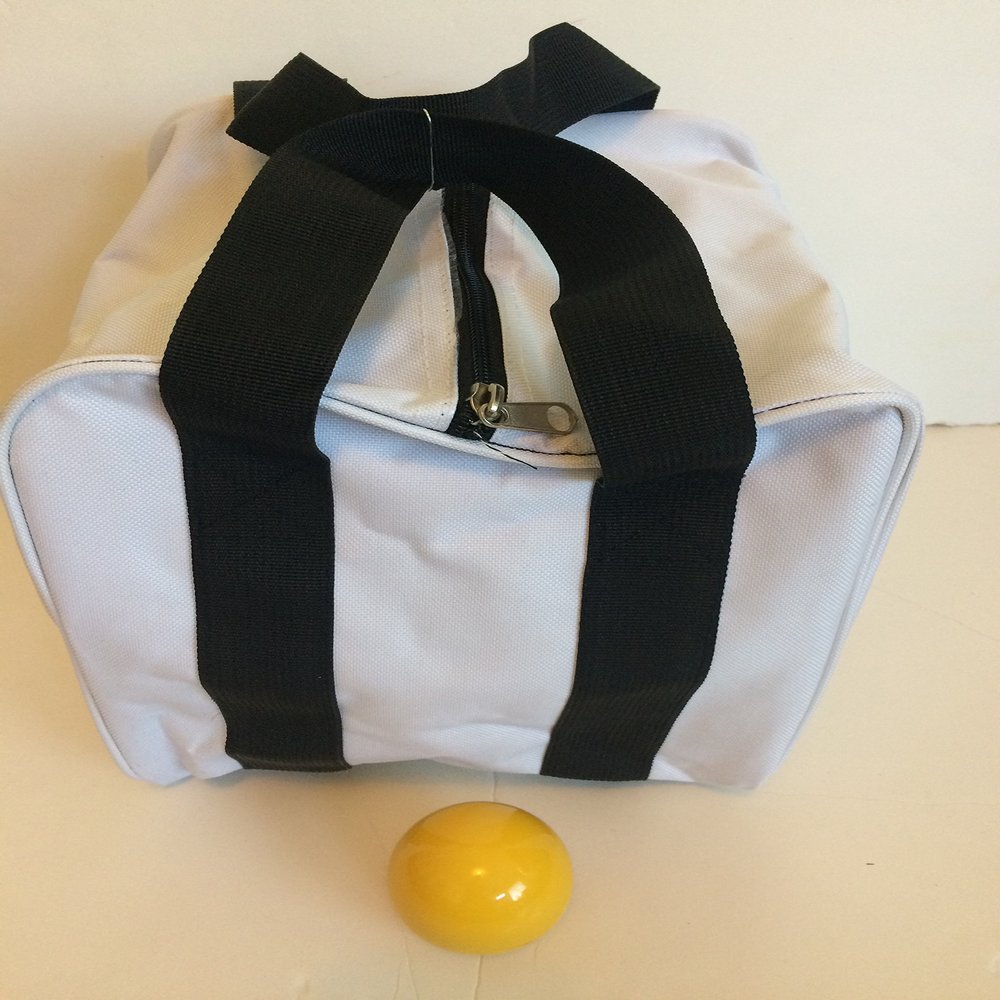 BuyBocceBalls Unique Bocce Accessories Package - Heavy Duty Nylon Bocce Bag (White with Black Handles) and Official Tournament-Grade Yellow 60mm Pallino