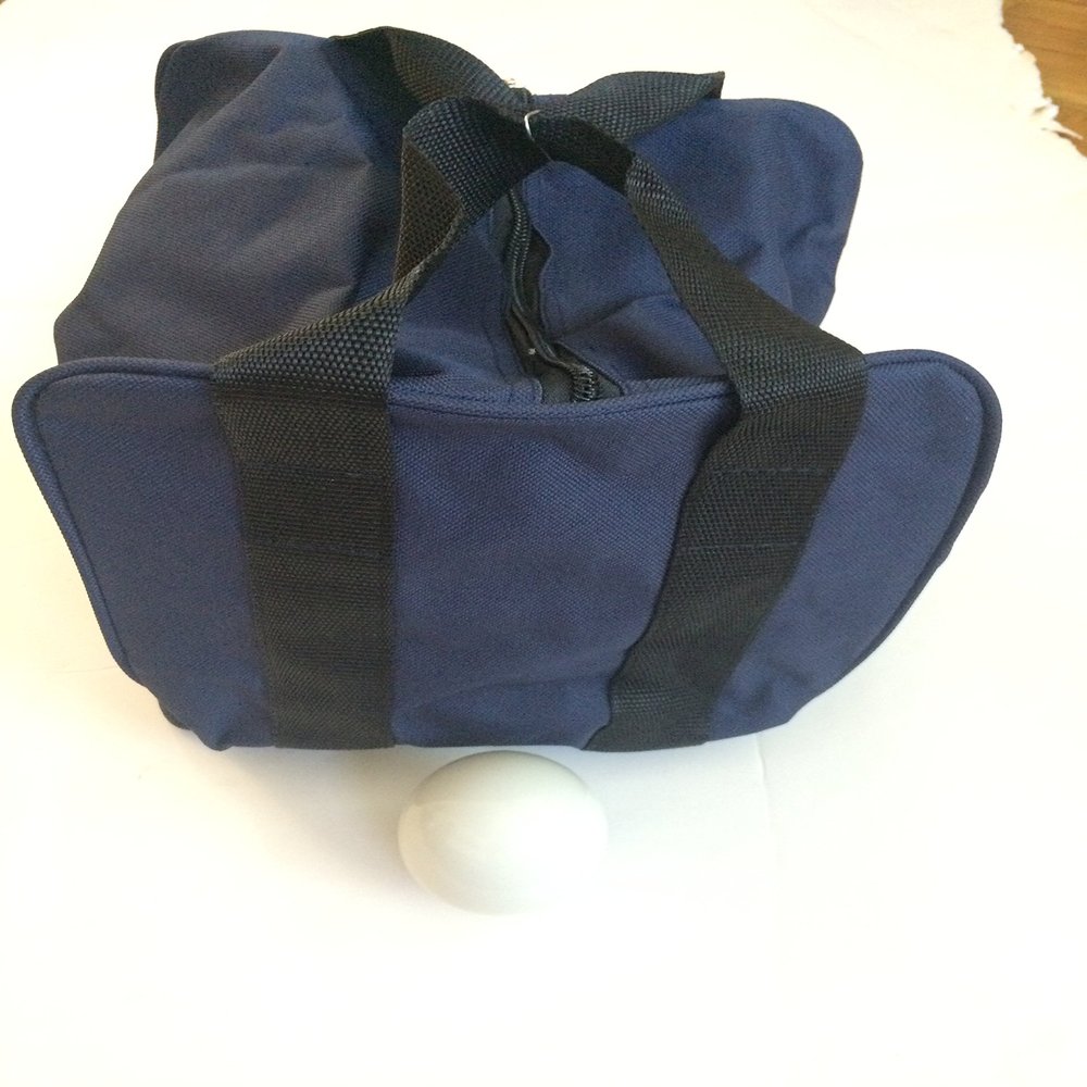 BuyBocceBalls Unique Bocce Accessories Package - Heavy Duty Nylon Bocce Bag (Blue with Black Handles) and Official Tournament-Grade White 60mm Pallino