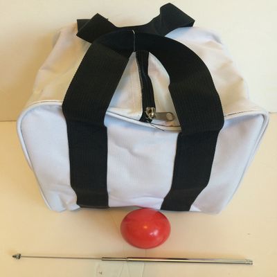 BuyBocceBalls Unique Bocce Accessories Package - Heavy Duty Nylon Bocce Bag (White with Black Handles), Official Tournament-Grade red 60mm Pallino, Extendable Measuring Device