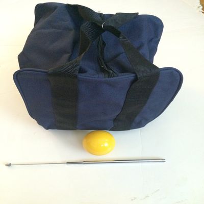 BuyBocceBalls Unique Bocce Accessories Package - Heavy Duty Nylon Bocce Bag (Blue with Black Handles), Official Tournament-Grade 60mm Yellow Pallino, Extendable Measuring Device