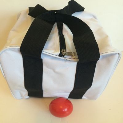 BuyBocceBalls Unique Bocce Accessories Package - Heavy Duty Nylon Bocce Bag (White with Black Handles) and Official Tournament-Grade Red 60mm Pallino