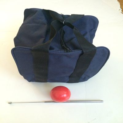 BuyBocceBalls Unique Bocce Accessories Package - Heavy Duty Nylon Bocce Bag (Blue with Black Handles), Official Tournament-Grade 60mm red Pallino, Extendable Measuring Device