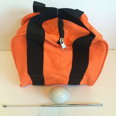 BuyBocceBalls Unique Bocce Accessories Package - Heavy Duty Nylon Bocce Bag (Orange with Black Handles), Official Tournament-Grade White 60mm Pallino, Extendable Measuring Device