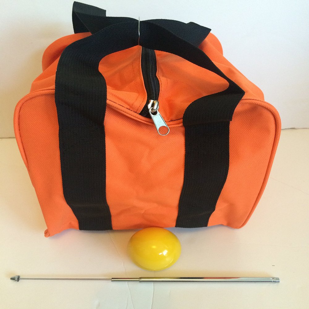 BuyBocceBalls Unique Bocce Accessories Package - Heavy Duty Nylon Bocce Bag (Orange with Black Handles), Official Tournament-Grade Yellow 60mm Pallino, Extendable Measuring Device