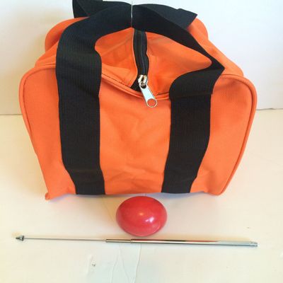 BuyBocceBalls Unique Bocce Accessories Package - Heavy Duty Nylon Bocce Bag (Orange with Black Handles), Official Tournament-Grade red 60mm Pallino, Extendable Measuring Device