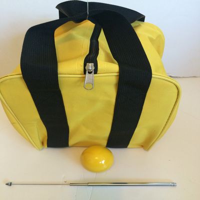 BuyBocceBalls Unique Bocce Accessories Package - Heavy Duty Nylon Bocce Bag (Yellow with Black Handles), Official Tournament-Grade Yellow 60mm Pallino, Extendable Measuring Device