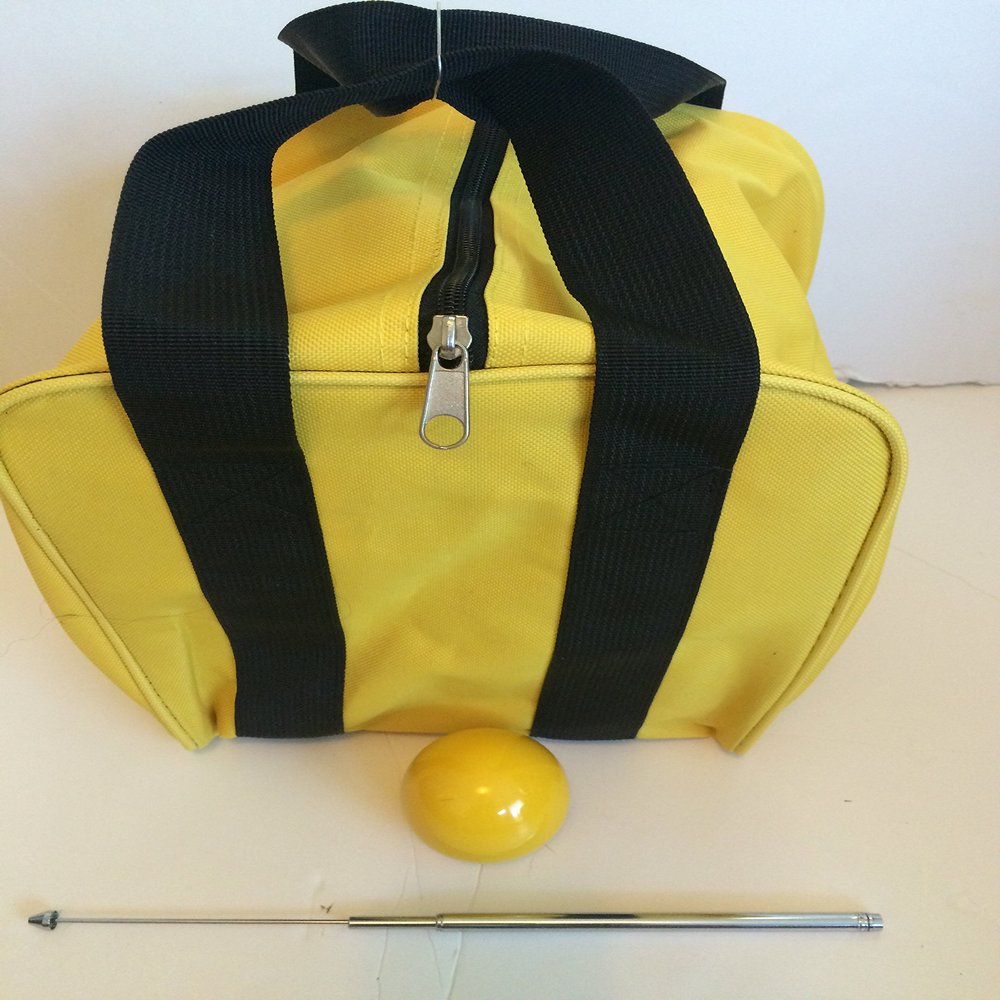 BuyBocceBalls Unique Bocce Accessories Package - Heavy Duty Nylon Bocce Bag (Yellow with Black Handles), Official Tournament-Grade Yellow 60mm Pallino, Extendable Measuring Device