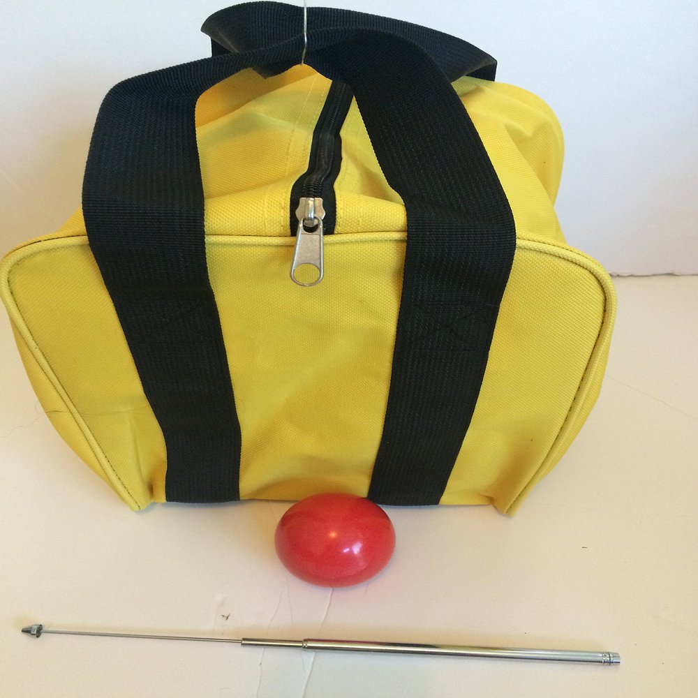 BuyBocceBalls Unique Bocce Accessories Package - Heavy Duty Nylon Bocce Bag (Yellow with Black Handles), Official Tournament-Grade red 60mm Pallino, Extendable Measuring Device