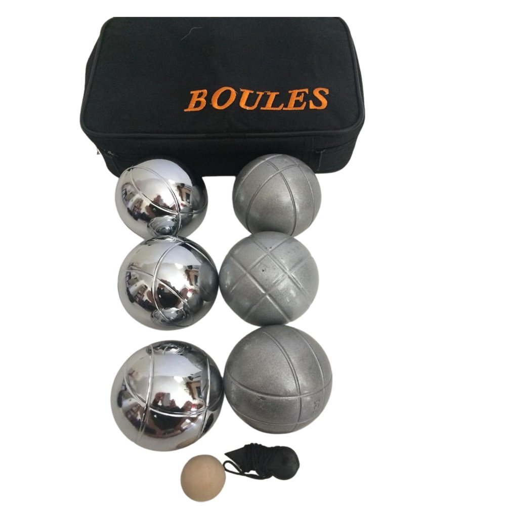 BuyBocceBalls Listing - Unique 6 Ball 73mm Metal Boules/Petanque Set with 3 Grind Sand Balls and 3 Silver Balls
