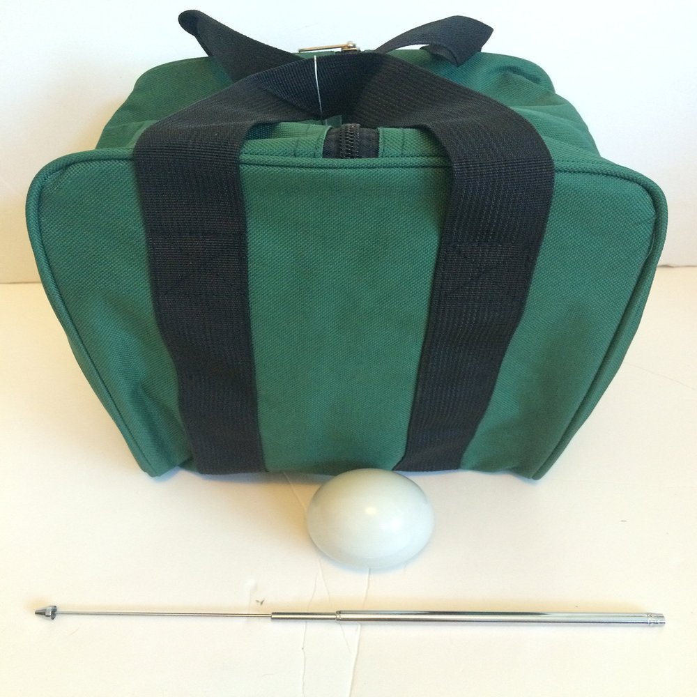 BuyBocceBalls Unique Bocce Accessories Package - Heavy Duty Nylon Bocce Bag (Green with Black Handles), Official Tournament-Grade White 60mm Pallino, Extendable Measuring Device