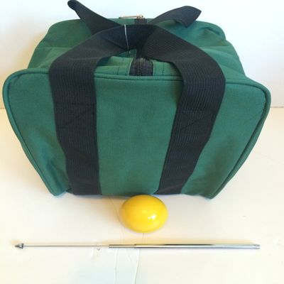 BuyBocceBalls Unique Bocce Accessories Package - Heavy Duty Nylon Bocce Bag (Green with Black Handles), Official Tournament-Grade Yellow 60mm Pallino, Extendable Measuring Device